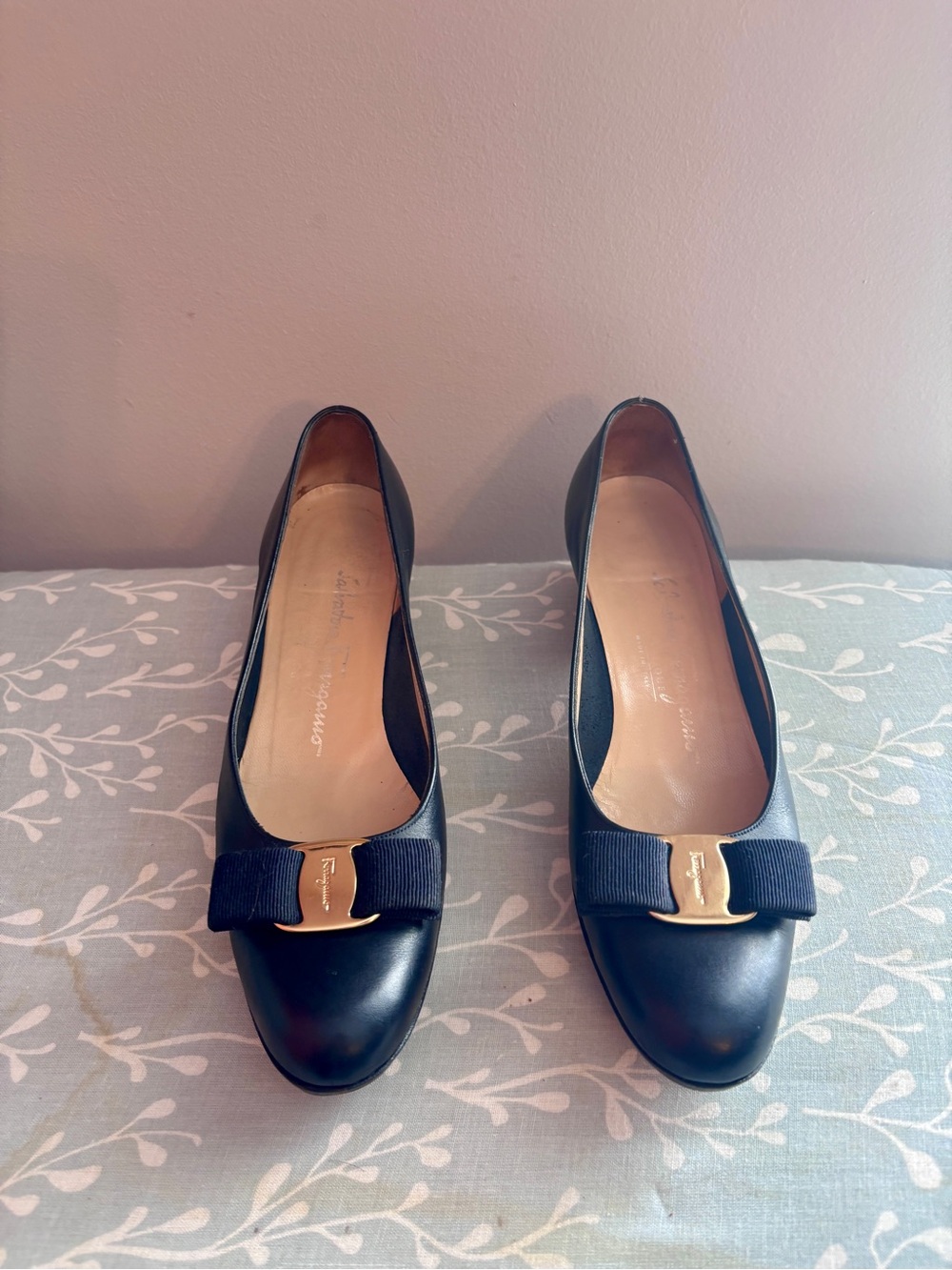 Salvatore Ferragamo Navy Bow Leather Flats with Gold Plaque